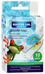 Лейкопластырь бактерицидный детский, Master Uni (Мастер Юни) №10 Аква водонепроницаемый прозрачный на полимерной основе с картинками набор